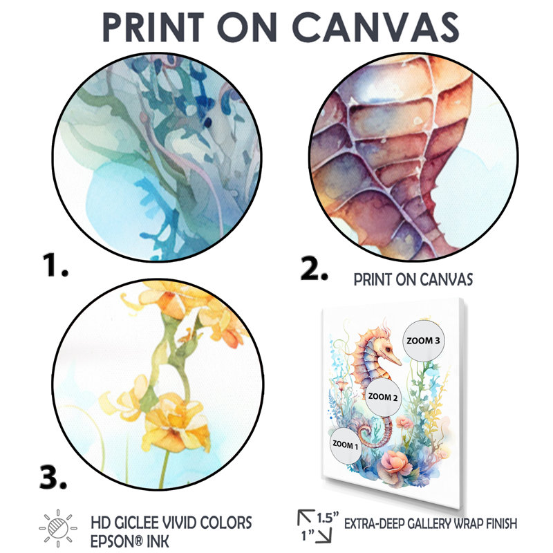 Pastel, hippocampe, océan profond, fleurs, aquarelle, hippocampe, art mural, salon, H 32 po x l 24 po x P 1 po, Toile tendue