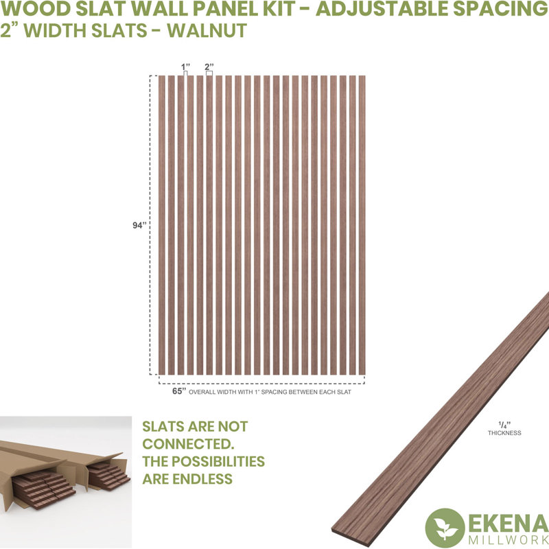 Adjustable Wood Slat Wall Panel Kit, 3"W x 94"H x 0.25"T, Walnut