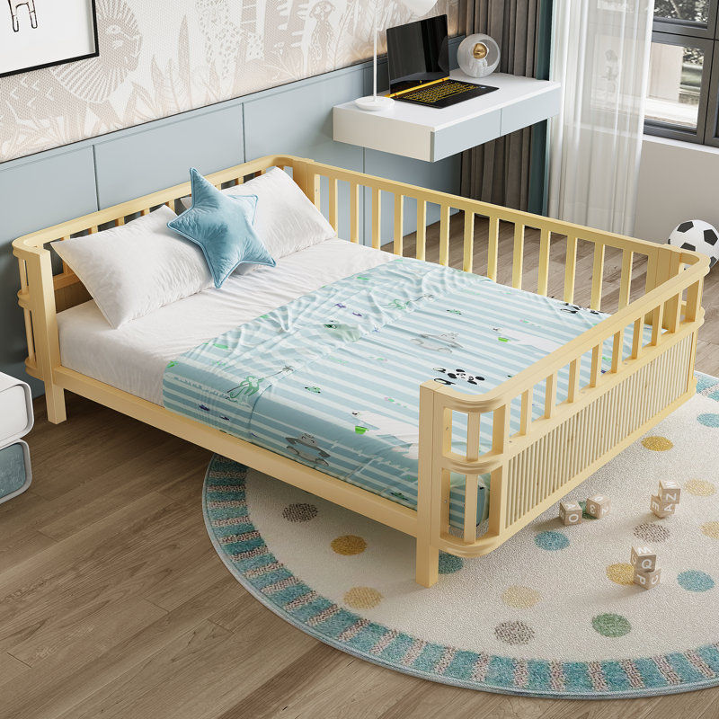 Children's double wooden platform bed with railings, a low iron double bed with railings, suitable for girls and boys, (Full,Natural)