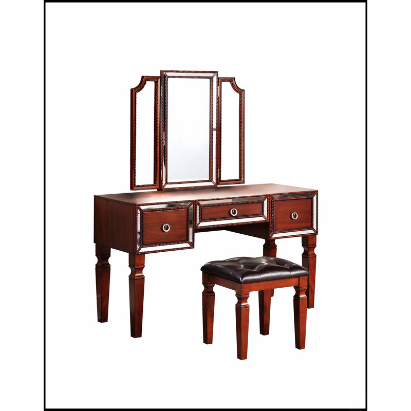 Ensemble de meuble-lavabo classique luxueux avec tabouret, 3 tiroirs de rangement et miroir à trois volets pour un élégant décor de chambre à coucher