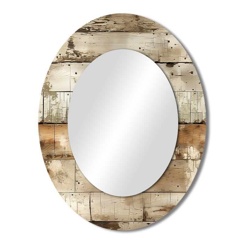 Rustic Farmhouse Weathered Planks - Large Oval Wall Mirror On Metal, 43" H x 33" W