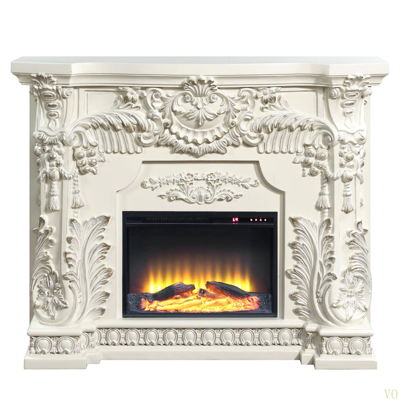 Adara Antique Finish LED Electric Fireplace With Wooden Frame, Scrolled Floral Design, Touch Panel & Remote Controller