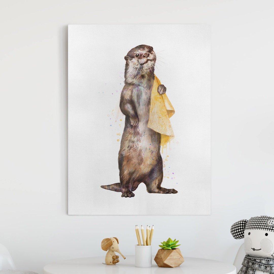 Leinwandbild Illustration Otter mit Handtuch Weiß von Laura Graves