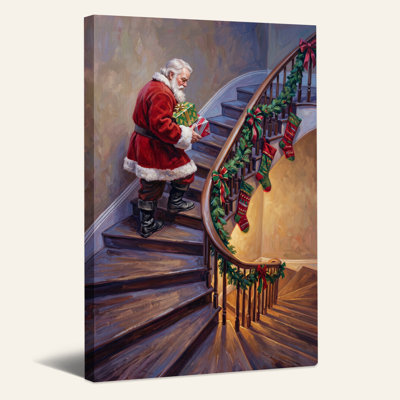 Père Noël transportant des cadeaux sur un escalier incurvé, art mural de Noël