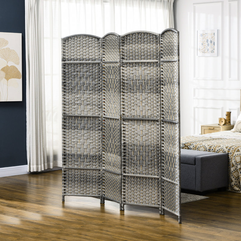 6' Tall Room Divider, 4 Panel Folding Privacy Screen. Mixed Grey Hand-Woven Freestanding Partition For Home. For Bedroom, Office. Foldable, Lightweight, . No Assembly , Foldable.