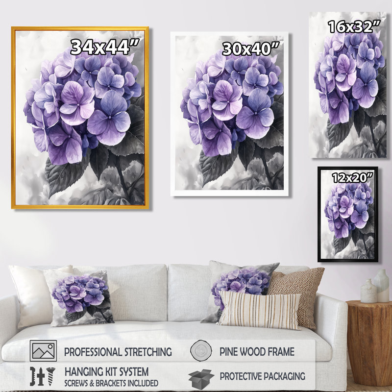«Mauve mauve», art mural Hortensia II, H 32 po x l 24 po, Impression encadrée flottante, Blanc