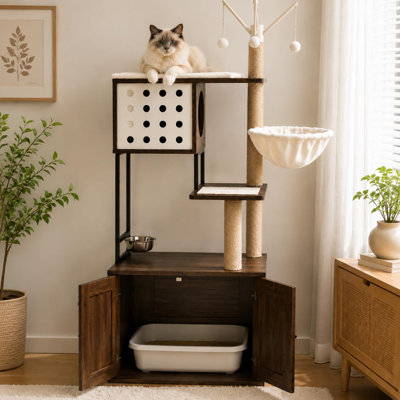 Arbre à chat de 162 cm avec bac à litière intégré, tour et niche 2 en 1, arbre à chat à plusieurs niveaux avec griffoirs, hamac moelleux, coussins amovibles et lavables, pour salon, marron
