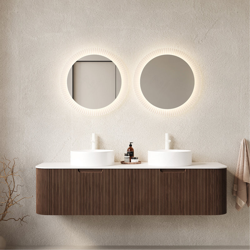 Ensemble de meuble-lavabo 60 po 60 po, 2 tiroirs, 2 lavabos ronds blancs en céramique et un plateau en pierre frittée blanche, noyer foncé pré-assemblé