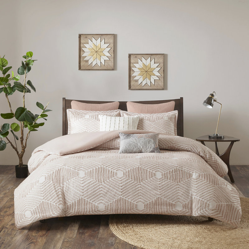 Housse de couette en coton grand format, rosé, géométrique, 2 taies décoratives standard, motif géométrique, assorti, Rose