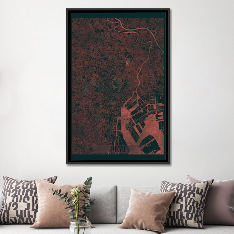 «Tokyo Infrared Urban Blueprint Map», impression sur toile, H 26 po x l 18 po x P 1,5 po, Toile avec cadre noir, Pas de tapis