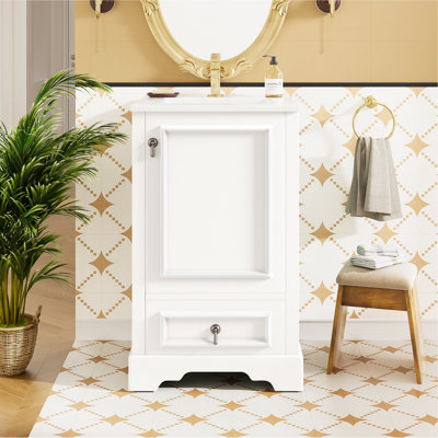 Meuble-lavabo de 20 po avec lavabo en céramique, porte à fermeture en douceur, tablette ajustable en forme de U, tiroir de compartiment et support de porte, style moderne, conception peu encombrante