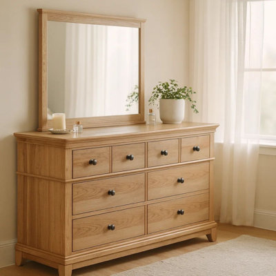 Lexa Wide Dresser, 6 Drawers, Natural Oak Brown, Pewter Metal