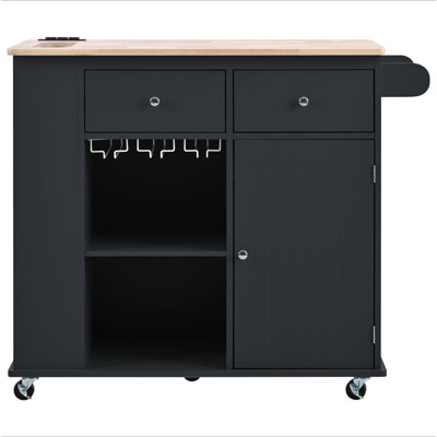 Îlot de cuisine avec prise de courant, îlot de rangement avec abattant et bois d'hévéa, rangement ouvert et support à vin, 5 roulettes, avec rangement réglable pour la maison, la cuisine et la salle à manger