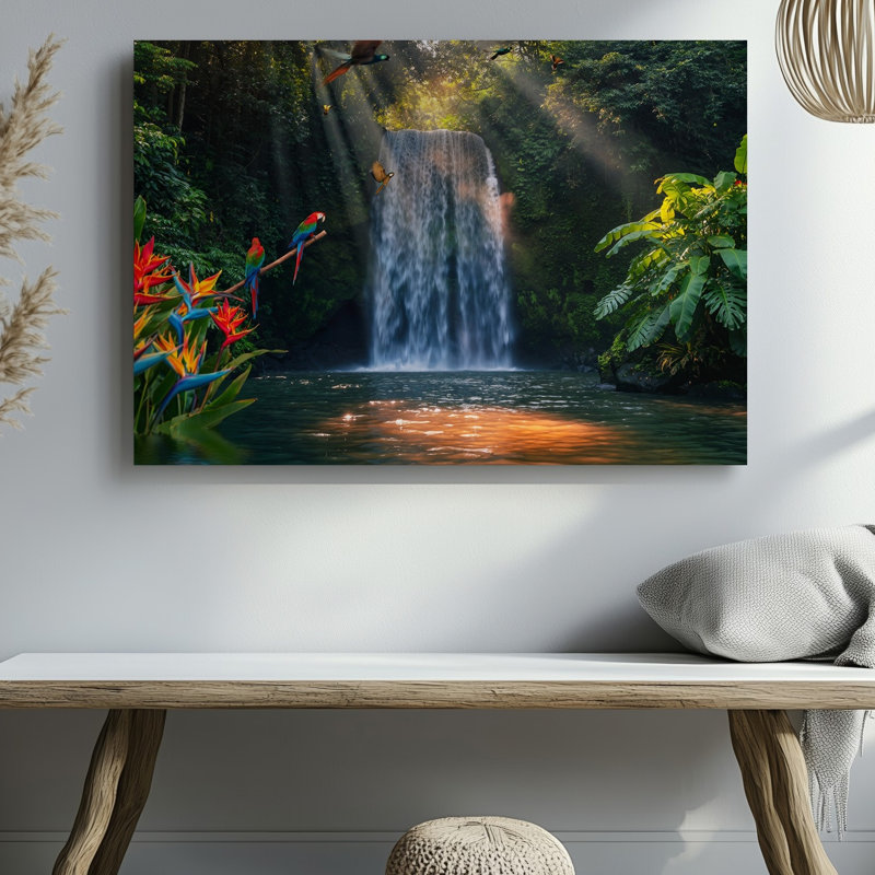 Toile Une scène de jungle vibrante remplie de verdure luxuriante et d'art mural exotique avec une cascade qui se jette dans une toile