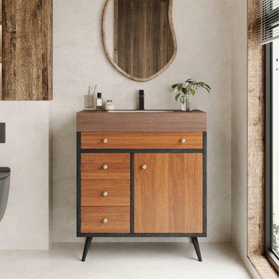 Meuble-lavabo moderne de 29,9 pouces de style Mid-Century avec lavabo en céramique, plateau en pierre frittée, rangement organisé et pieds en acier inoxydable