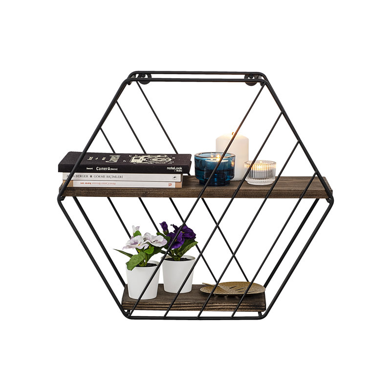 Tablette murale moderne, noyer noir et foncé, 17,3 po x 15,7 po x 5,9 po | 100% bois d'épinette (épaisseur: 0,4 po) et structure 100% métal (épaisseur: 0,06 po) | Design industriel, parfait pour la décoration et l'organisation de la maison