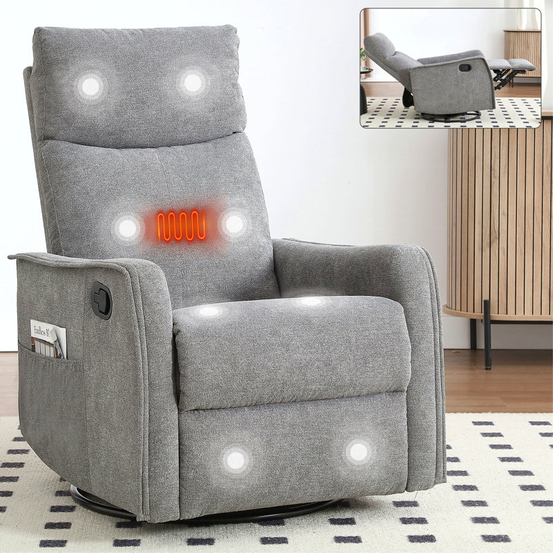 Heat Massage Manual Recliner Chair With Rocker And Swivel In Fabric For Living Room, Gray