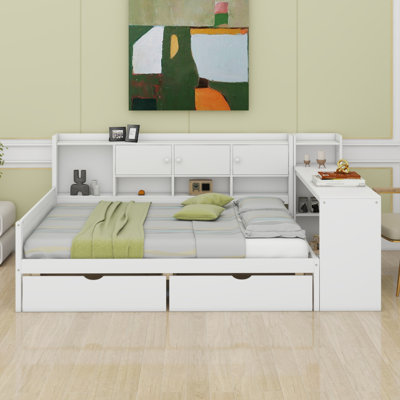Wooden L-Shape Daybed With Storage Cabinets And Storage Drawers,Multi-Functional Bed With Study Desk