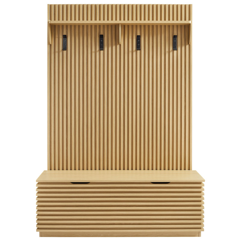 Render Fluted 3-in-1 Hall Tree With Storage Bench and Coat Rack In Oak, Oak