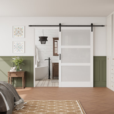 84"H Frosted Glass Sliding Barn Door – MDF & Solid Wood 3-Lite Interior Closet Door With Installation Hardware Kit(Include Soft Close)