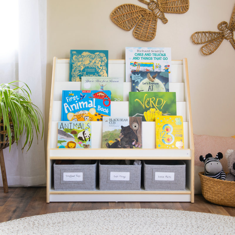 White Wooden Kids Book and Bin Display with Storage Bins