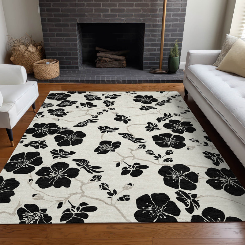 Ivory and Black Floral Synthetic Washable Rectangular Rug