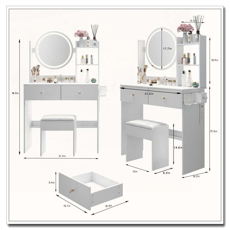 Round LED Mirror Vanity Table with Cushioned Stool, 2 AC+2 USB Sockets, Big Mirror, Touch Switch, 3 Light Colors, Adjustable Brightness
