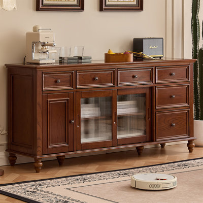 Brown Solid Ash Wood Fluted Glass Sideboard