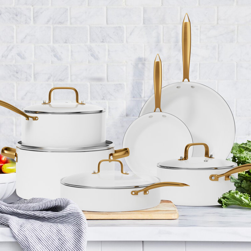 Batterie de cuisine en céramique antiadhésive allant au four 15 pièces, Blanc