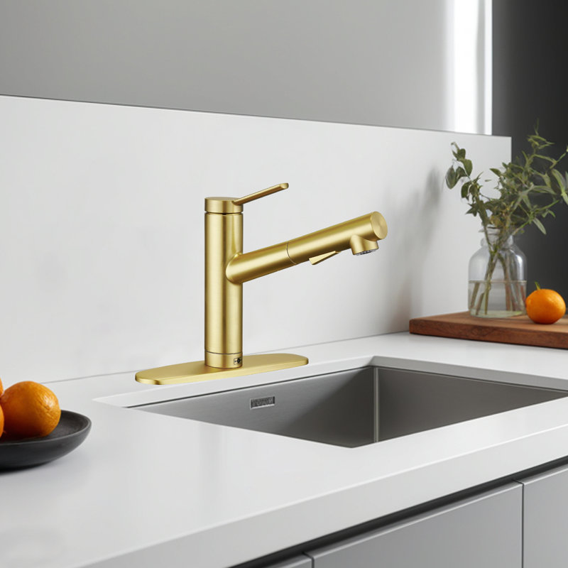 Low Profile Kitchen Faucet With Pull-Out Spray Nozzle, Single Handle, Short Kitchen Faucet, Low Arc Faucet, Brushed Gold