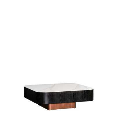 Table basse surdimensionnée carrée avec plateau en céramique, tiroir de rangement et base en bronze ceinture - Table basse moderne noir et blanc 