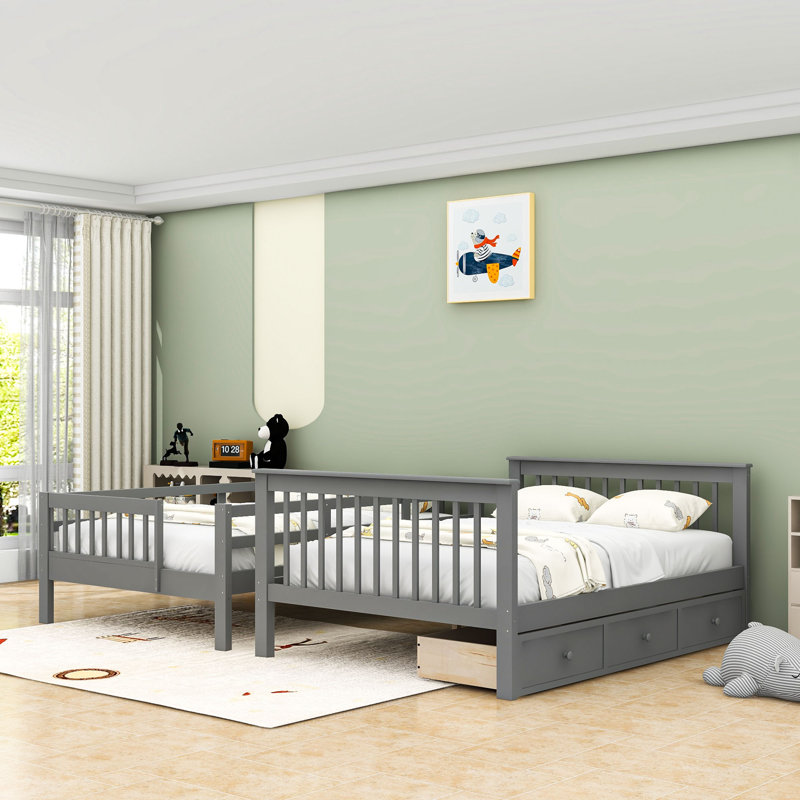 Lit superposé double en bois avec rangement, gris