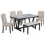 Table de salle à manger de style moderne 6 pièces avec 4 chaises, 1 banc, une table avec placages marbrés et des pieds de table en forme de V (blanc)