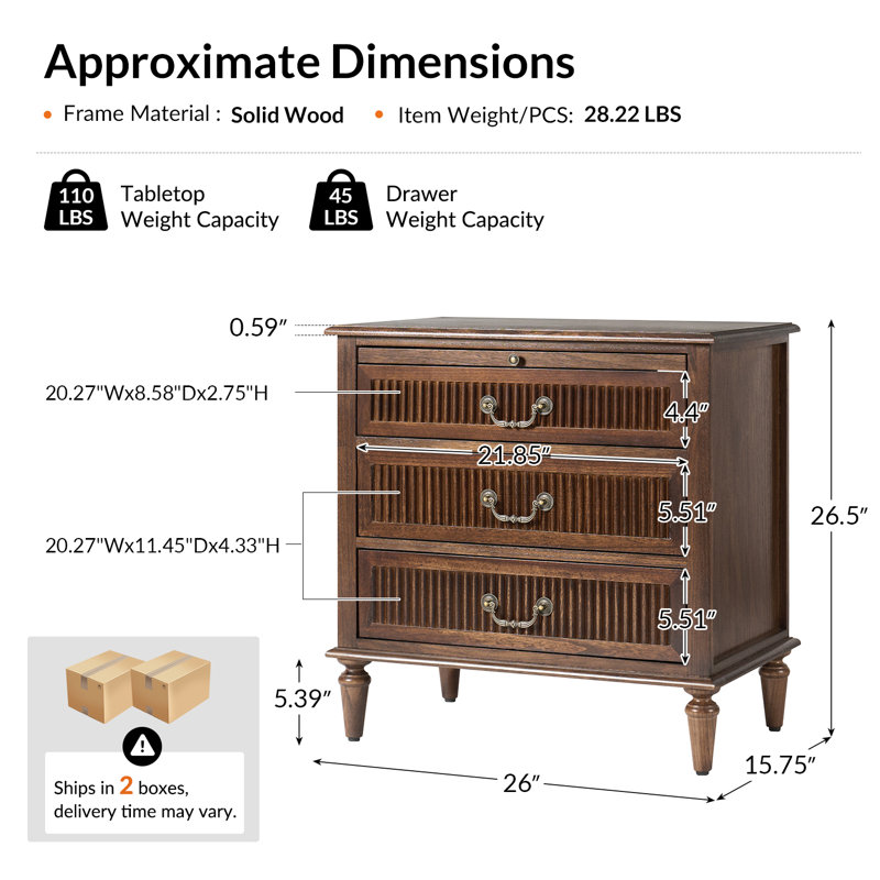  Kaybri Farmhouse 26'' W 3-Drawer Fluted Solid Wood End Table with Built-In Outlet and Pull-out Tray, Walnut
