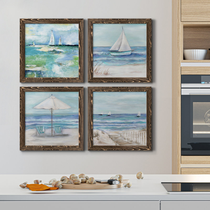 Jour sur le lac - Ensemble de 4 peintures sur toiles encadrées, Encadré de bois de noyer, H 40 po x l 40 po x P 1,5 po