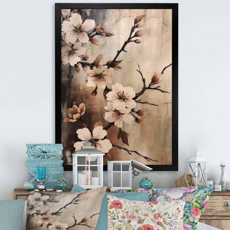 «Cherry Blossoms Brown Dark Solitude», reproduction sur toile, Cadre simple noir, H 44 po x l 34 po x P 1,5 po