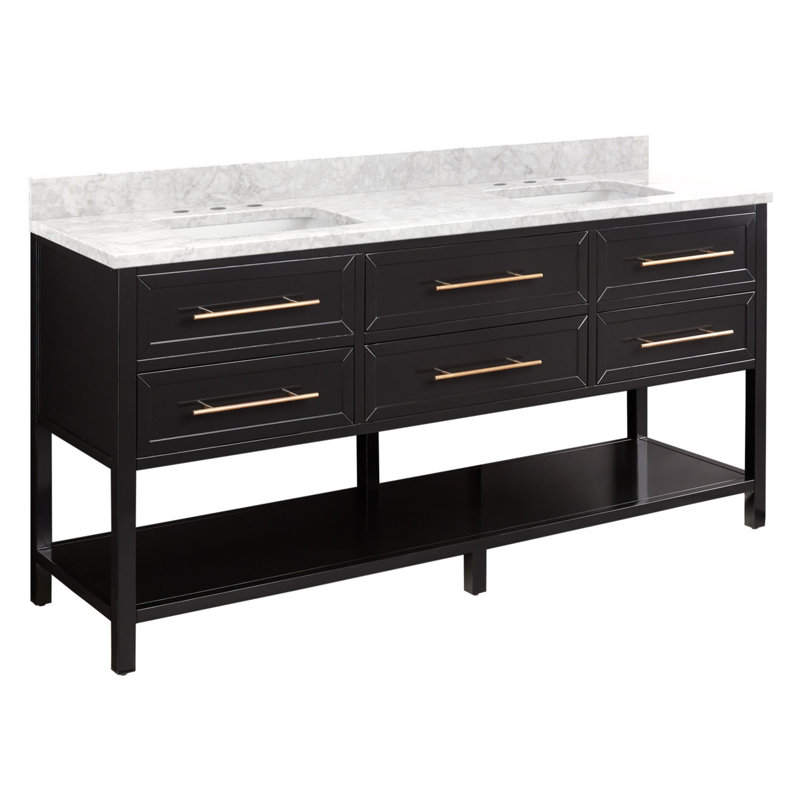 72" Robertson Double Bathroom Vanity Set with Rectangular Undermount Sinks, 8" Widespread, Carrara Marble, Black