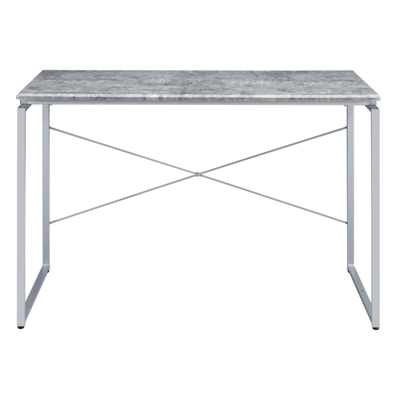 Fabrication de bureau gris et argenté avec une touche industrielle, surface de table rectangulaire en bois stable, ensemble de base de traîneau en métal, plateau en bois argenté et robuste