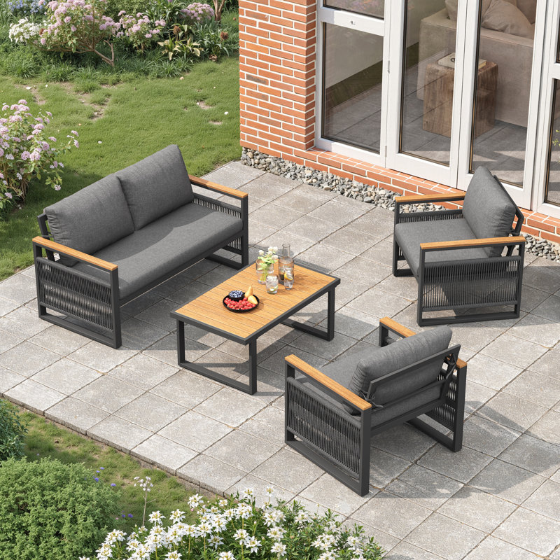 Outdoor Conversation Set 4 Places With 1 Sofa, 2 Chairs And 1 Coffee Table Grey