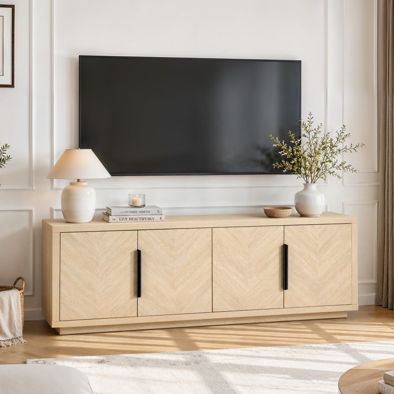 Meuble télé 72 po style campagne moderne Mid-Century, quatre armoires de rangement avec tablettes réglables et console multimédia pour les téléviseurs de 88 po ou moins dans le salon, la chambre à coucher et le couloir
