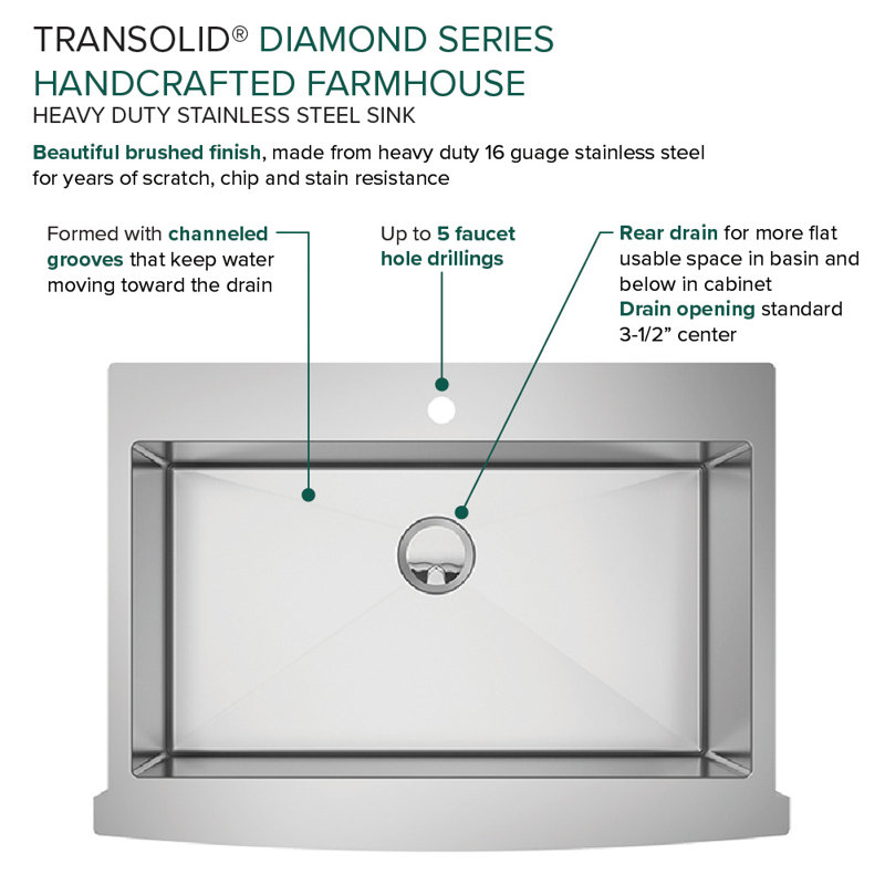 Évier de cuisine de style ferme avec crépine à panier L 36 po x l 26 po Diamond Super, 3 trous