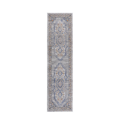 Blue/Cream Bordered Non-Shedding Area Rug For Living Room, Bedroom, Dining, Home Office - Stylish & Stain Resistant