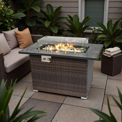 Sturdy Safe 44" Propane Gas Fire Pit Table, 50000 BTU Rectangular Fire Pit, Tile Tabletop with Beautiful Wicker Base for Outside Patio Deck Garden Courtyard