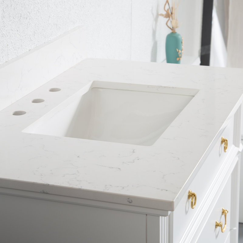 35'' H x 36" W Single Bathroom Vanity With Stain-resistant Carrera White Quartz Top and Single Sink, White