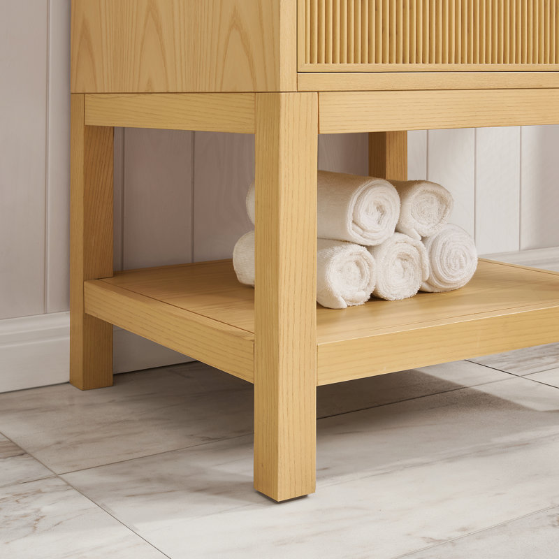 Meuble-lavabo en bois avec tablette réglable, Bois de frêne naturel