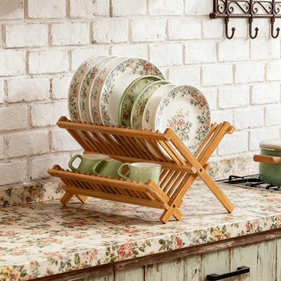 Égouttoir à vaisselle en bambou à 2 niveaux avec porte-ustensiles, égouttoir à vaisselle pliable et organisateur de cuisine pliant pour assiettes, tasses et couverts