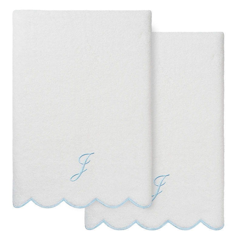  Ensemble de serviettes de bain personnalisables 100% coton turque ADORNIA 2PC, J, Blanc / Bleu