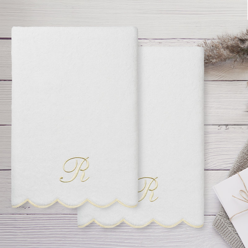 Ensemble de serviettes de bain personnalisées 100% coton turque 2 pièces Linum Home Textiles ADORNIA, R, Blanc / beige