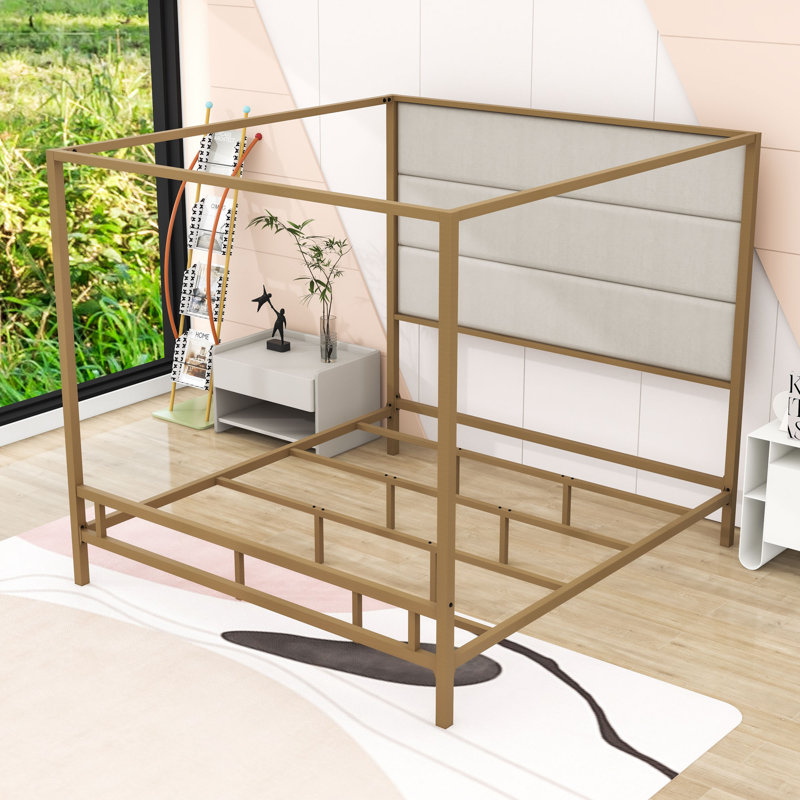  Metal Canopy Bed with Upholstered Headboard, Gold, King