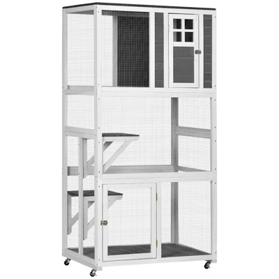 Pawhut 74" Wooden Outdoor Cat House Weatherproof & Wheeled, Catio Outdoor Cat Enclosure With High Weight Capacity, Kitten Cage Condo